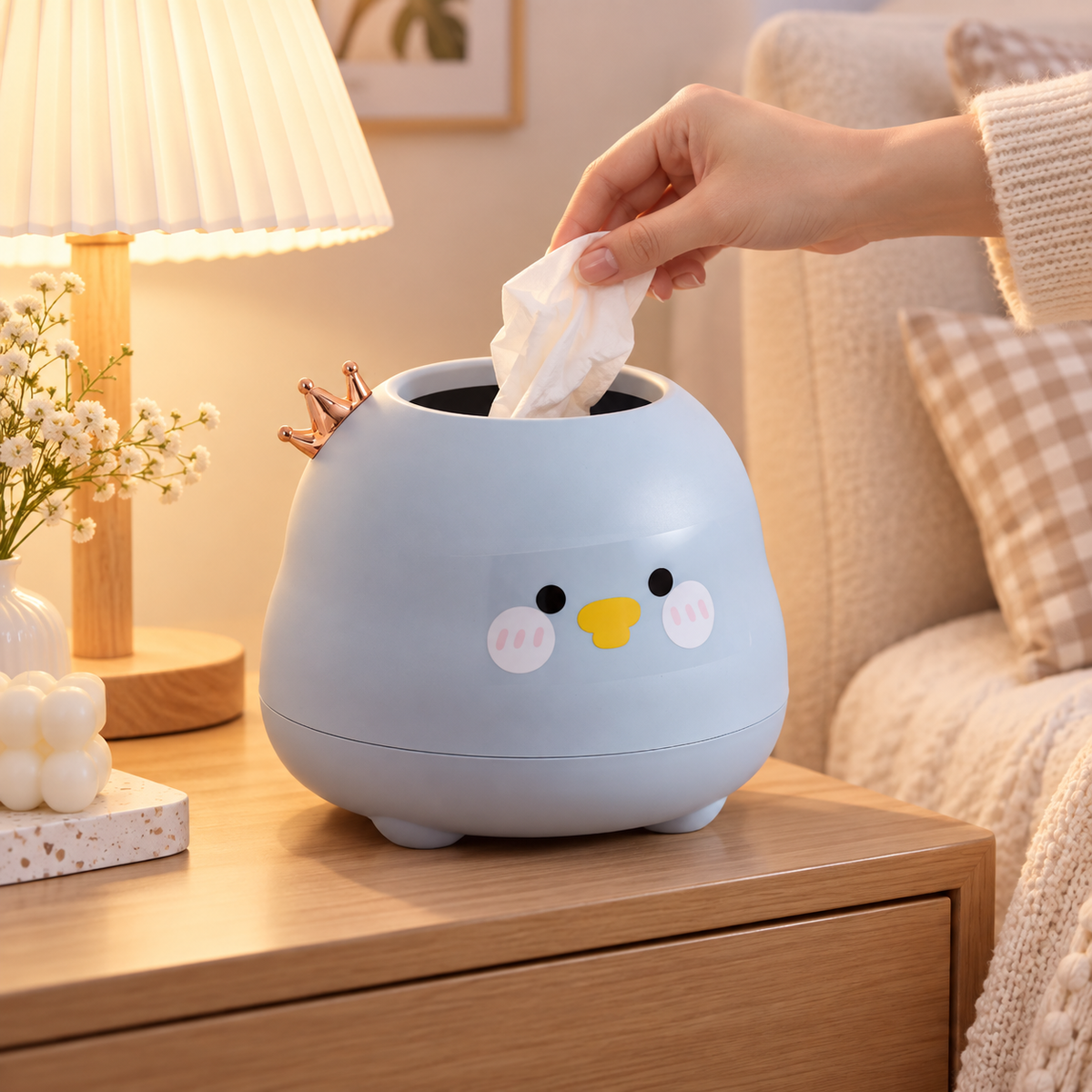 Cute, lidded emotional trash can for home and car use