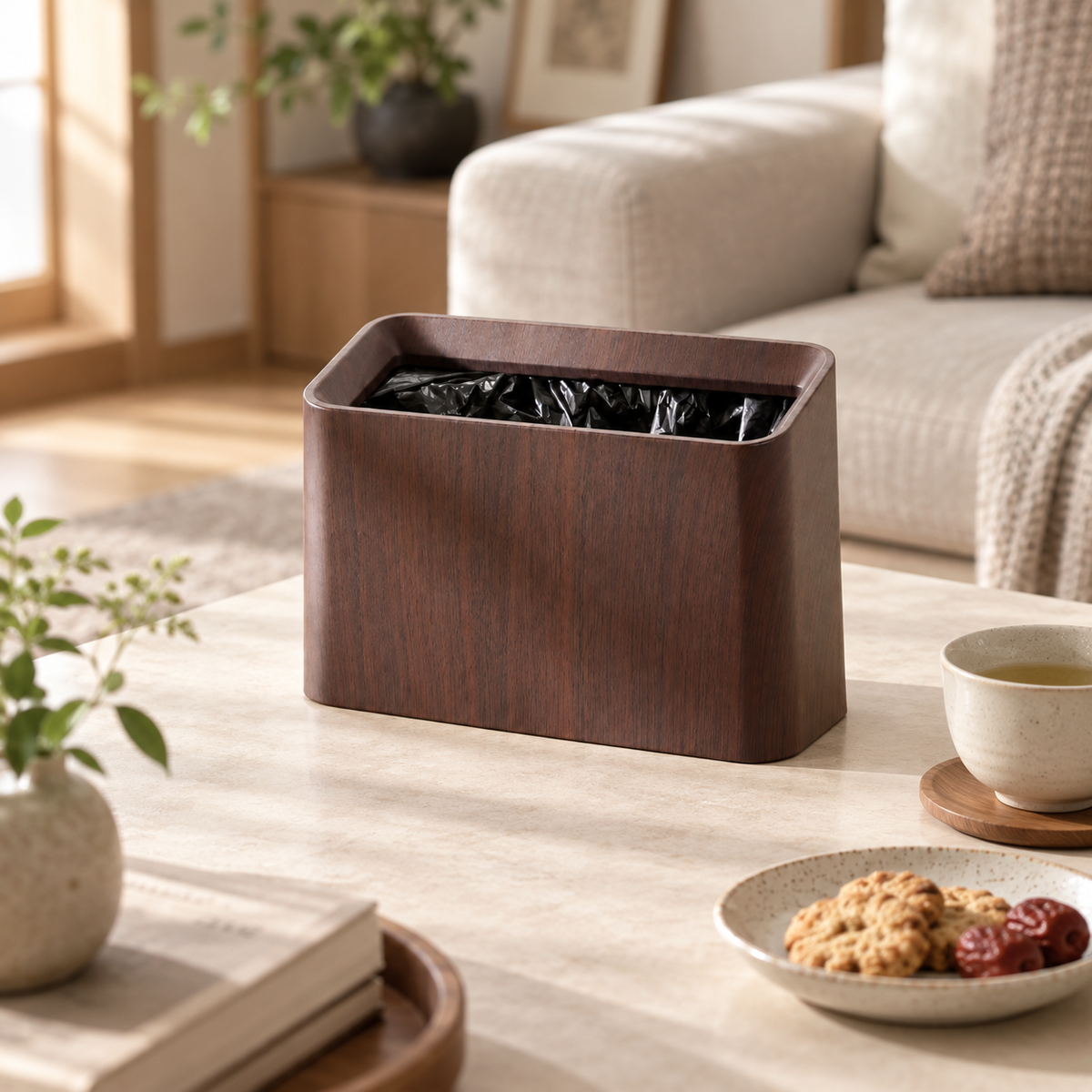 Square mini open-top trash can coffee table for living room, office, study, double-layer Japanese minimalist creative style