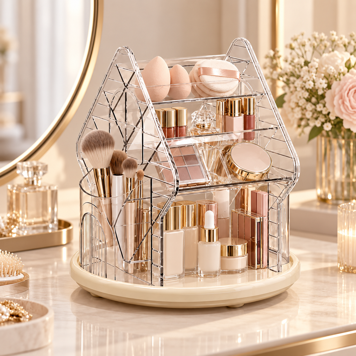 Rotating partitioned pen holder, makeup brush, lipstick, and powder puff shelf