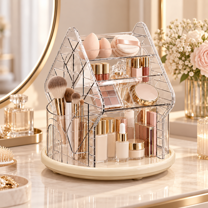 Rotating partitioned pen holder, makeup brush, lipstick, and powder puff shelf