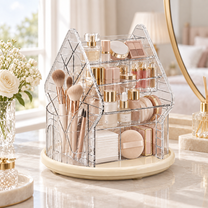 Rotating partitioned pen holder, makeup brush, lipstick, and powder puff shelf