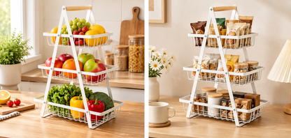 Wooden tote basket, wrought iron multi-functional fruit basket, multi-layer kitchen snack storage rack