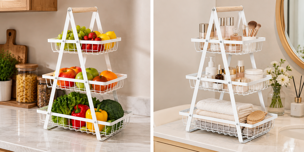 Wooden tote basket, wrought iron multi-functional fruit basket, multi-layer kitchen snack storage rack