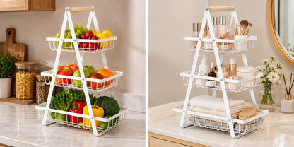 Wooden tote basket, wrought iron multi-functional fruit basket, multi-layer kitchen snack storage rack